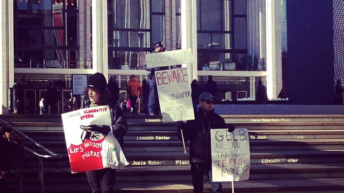 Can an opera be controversial? Death of Klinghoffer may well be as close as we’ll get! This was the size of the protest on the last performance at the Metropolitan Opera but on Day 1, there were thousands of screaming protestors who were so loud, it was near impossible to hear the opera going on inside.